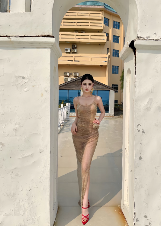 Shiny Spaghetti Straps Sheath Pleated Handmade Rose Long Birthday Party Dress Gala Prom Dress  D1793