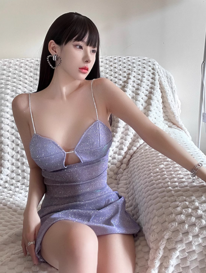 Shiny Purple Spaghetti Straps Sheath Short Summer Skirt Party Dress Women Dresss   D1819