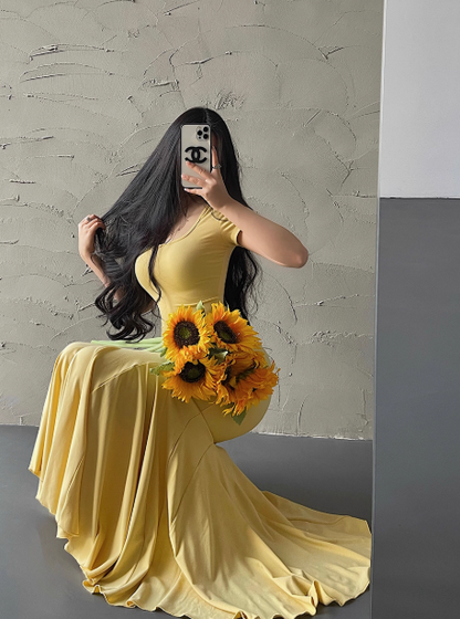Pretty Short Sleeve Sheath Fold Ankle Length Mermaid Dress Summer Dress Party Dress Women Dress  D1821