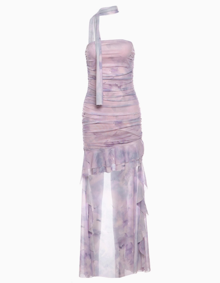 Sexy Halter Print Irregular Ruffles Pleated Slim waist Hi-Lo Dress Summer Dress Party Dating Dress Women Dress  D1836