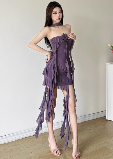 Sexy Strapless Slim Tiered Ruffle Ribbons Summer Holiday Mini Skirt Women Dating Dress  D1846