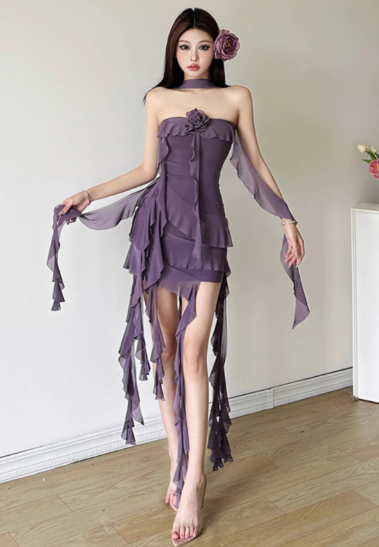 Sexy Strapless Slim Tiered Ruffle Ribbons Summer Holiday Mini Skirt Women Dating Dress  D1846
