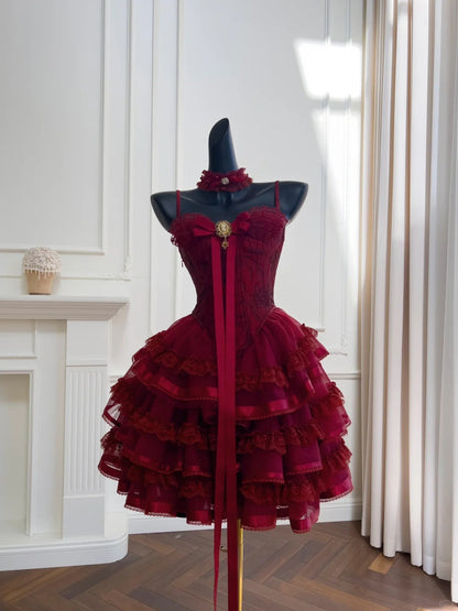 Pretty Burgundy Spaghetti Straps Sweetheart Neck Lace Tiered Tulle Short Prom Dress Homecoming Dress D1865