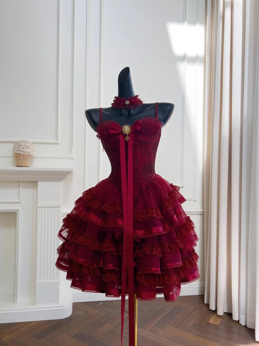 Pretty Burgundy Spaghetti Straps Sweetheart Neck Lace Tiered Tulle Short Prom Dress Homecoming Dress D1865