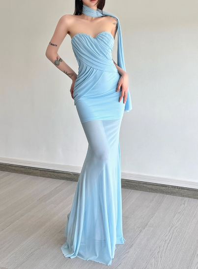 Sexy Sweetheart Neckline Cross Pleated Tulle Long Skirt Women Summer Dress Vacation Dating Dress   D1883