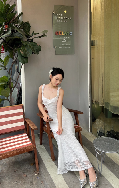 Sexy Off-the-Shoulder Sheath Lace Ankle Long Floral Skirt Women Date Dress Summer Seaside Dress   D1891