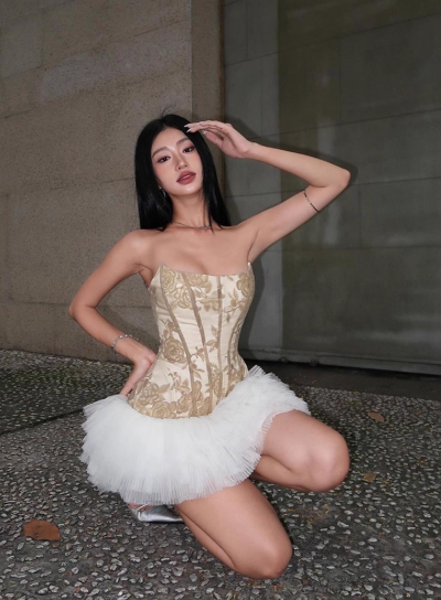 Elegant Strapless Printing Flower Tiered Tulle Short Skirt Party Dress Women Summer Dress  D1898