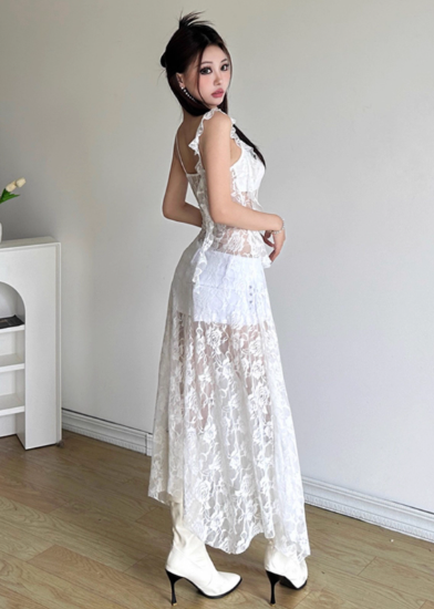 Sexy Irregular Suspenders Ruffle Pleated Hi-lo Dress Women Summer Dress   D1899
