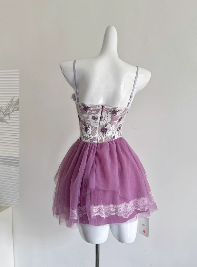 Cute Spaghetti Straps Lace Pleated Tulle Butterfly Summer Dress Women Dress   D1900
