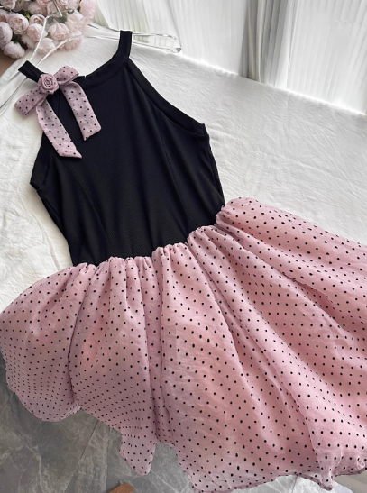 Pretty Halter Polka Dot Pleated Tulle Bowknot Rose Summer Dress Women Date Dress  D1901