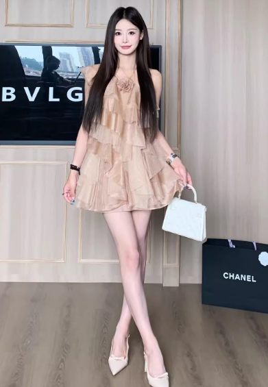 Pretty Asymmetrical Neck Pleated Ruffle Tulle Short Women Dress Seaside Vacation Dress  D1912
