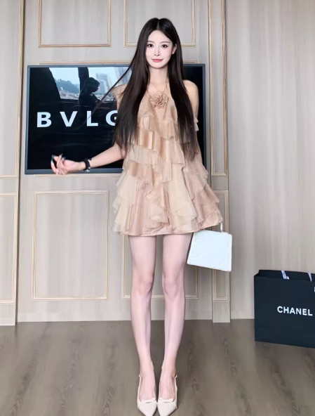 Pretty Asymmetrical Neck Pleated Ruffle Tulle Short Women Dress Seaside Vacation Dress  D1912