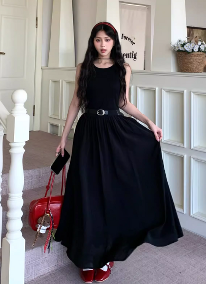 Elegant A Line Crew Neck Long Skirt Summer Seaside Dress Women Date Dress with Belt  D1915