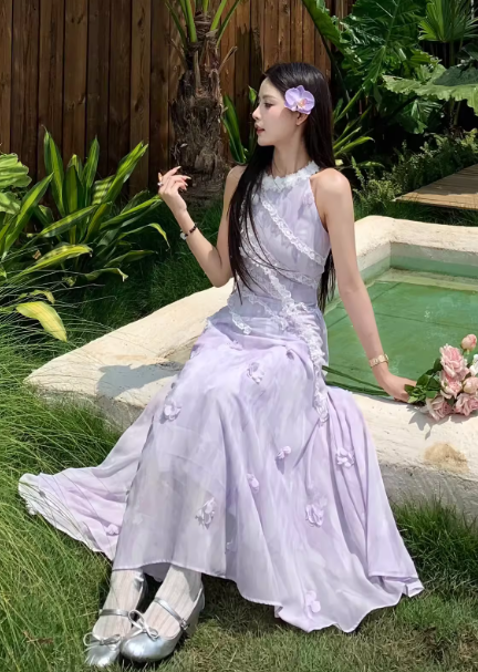 Elegant Halter Lace Flower Long Women Dress Dating Dress Summer Seaside Dress  D1919