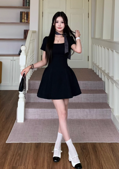Elegant A Line Square Neck Black Short Women Dress Vacation Casual Date Dress  D1920