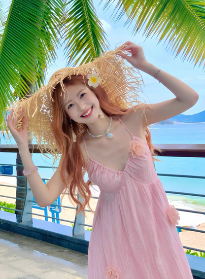 Seaside V -neck Spaghetti Straps Flower Pleated Long Vacation Dress Summer Women Dress  D1931