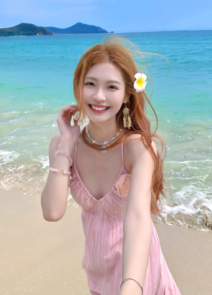Seaside V -neck Spaghetti Straps Flower Pleated Long Vacation Dress Summer Women Dress  D1931