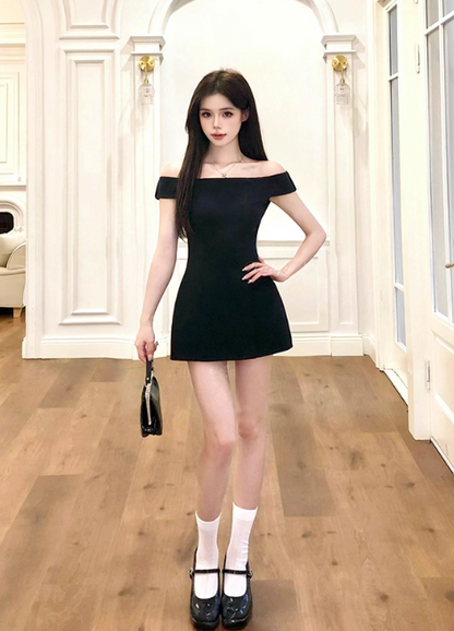 Elegant Black A Line Off the shoulder Casual Short Skirt Summer Women Date Dress  D1935