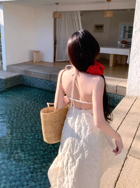 Seaside Halter Backless Ruffle Long Date Dress Women Summer Vacation Skirt  D1941