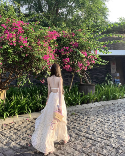 Seaside Halter Backless Ruffle Long Date Dress Women Summer Vacation Skirt  D1941