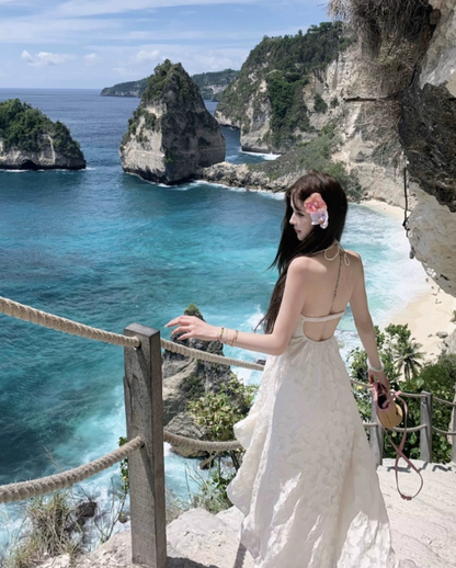 Seaside Halter Backless Ruffle Long Date Dress Women Summer Vacation Skirt  D1941