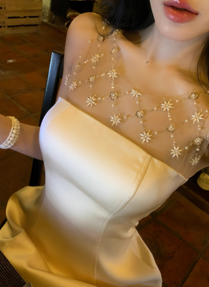 Elegant A Line Crew Neck Beading Tulle Short Party Skirt Women Summer Vacation Seaside Date Dress D1952