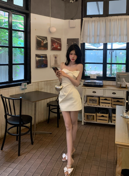 Sexy Sheath Bowknot Pleated Short Vacation Seaside Skirt Women Summer Party Date Dress D1955