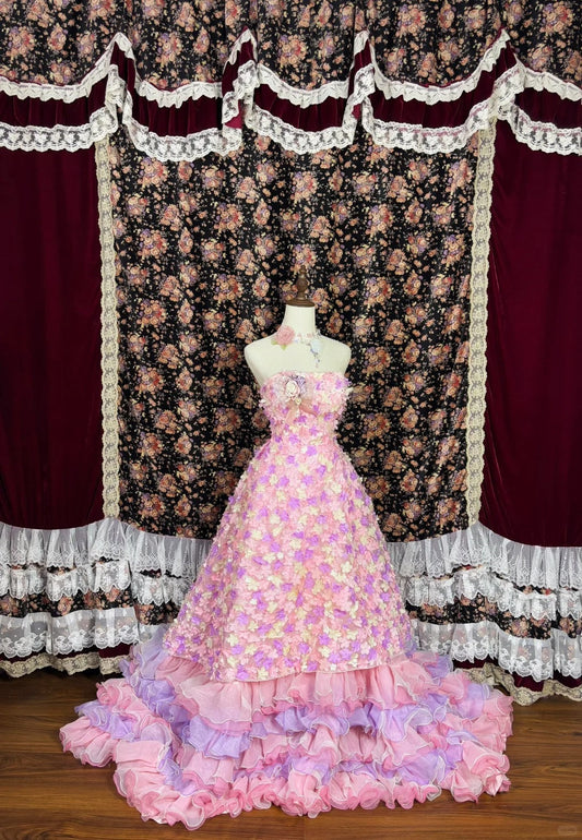 Cute Strapless Floral Tiered Ruffle Birthday Party Dress Quinceanera Dress Prom Dress Evening Dress D1985