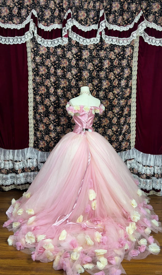 Sweet Strapless Flower Pleated Tulle Ball Gown Birthday Dress Quinceanera Dress Prom Dress Evening Dress D1986