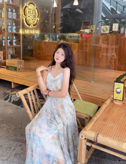 Pretty Halter Oil Painting Style Pleated Maxi Women Skirt Vacation Summer Seaside Dress D1995