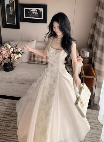 Pretty A Line Square Neck Embroidered Buttlefly Pleated Maxi Dress Women Summer Date Dress  D2015