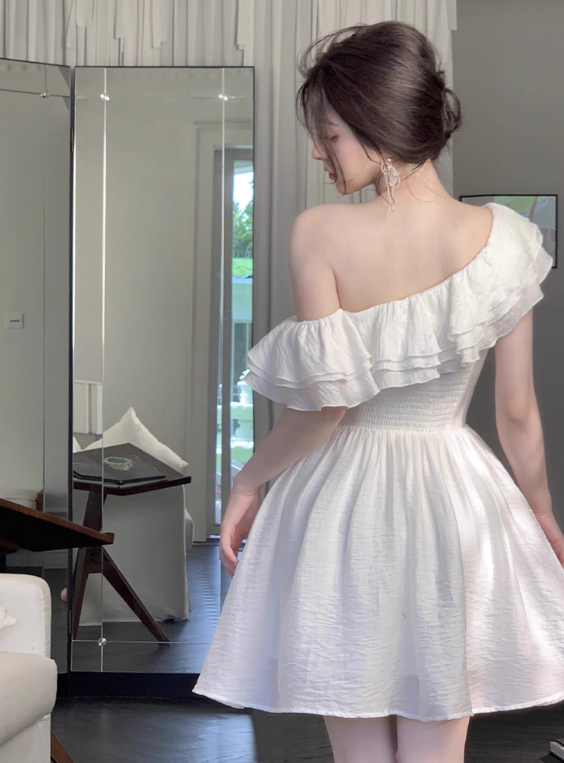 Elegant A Line Asymmetrical Neck Ruffle Short Skirt Women Dress Summer Date Dress     D2019