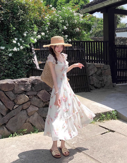 Seaside A Line Printing Floral Lace-up Pleated Skirt Women Dress Summer Date Dress     D2020