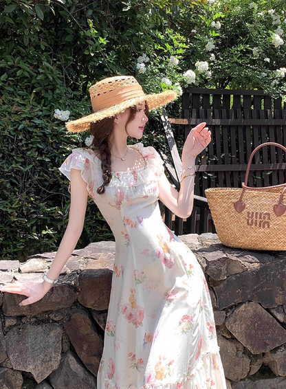 Seaside A Line Printing Floral Lace-up Pleated Skirt Women Dress Summer Date Dress     D2020