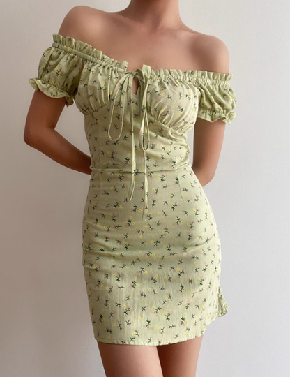 Cute Off the Shoulder Pleated Lace up Print Floral Fitted Short Skirt Women Summer Dress Date Dress   D2040