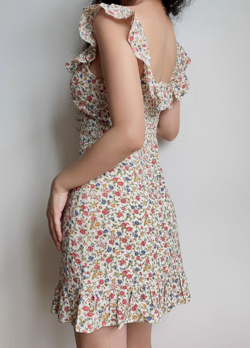 Cute Off the Shoulder Print Floral Ruffle Short Skirt Summer Vacation Seaside Dress Women Date Dress  D2045