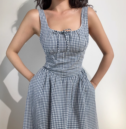 Retro Square Neck Striped Lace up Women Vacation Dress Summer Date Dress  D2055