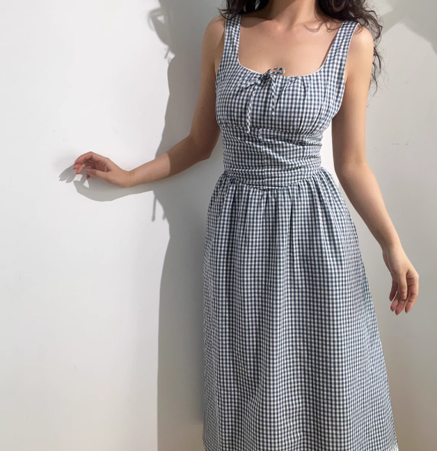 Retro Square Neck Striped Lace up Women Vacation Dress Summer Date Dress  D2055