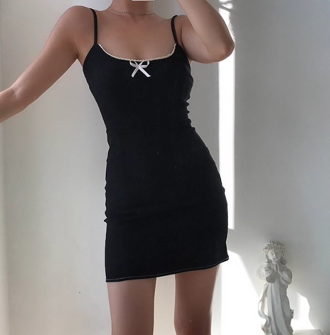 Popular Spaghetti Straps Bowknot Fitted Short Skirt Casual Wommen Summer Date Dress  D2058