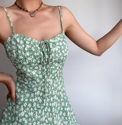 Vacation Spaghetti Straps Lace up Print Fold Short Skirt Women Summer Dress Date Dress   D2061