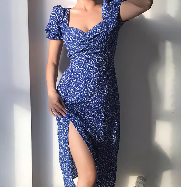 Retro Square Neckline Floral Puffed Sleeves Split Skirt Women Summer Dress Vacation Seaside Dress  D2091