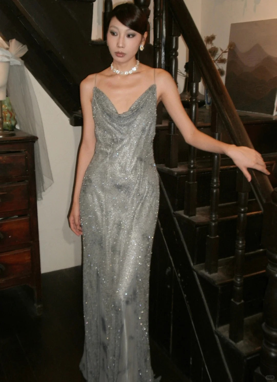 Shiny Spaghetti Straps Floor Length Prom Dress Birthday Party Dress Evening Dress  D2113