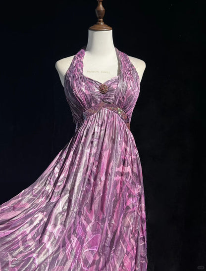 Elegant Halter Pleated Print Backless Prom Dress Evening Dress Party Dress   D2120