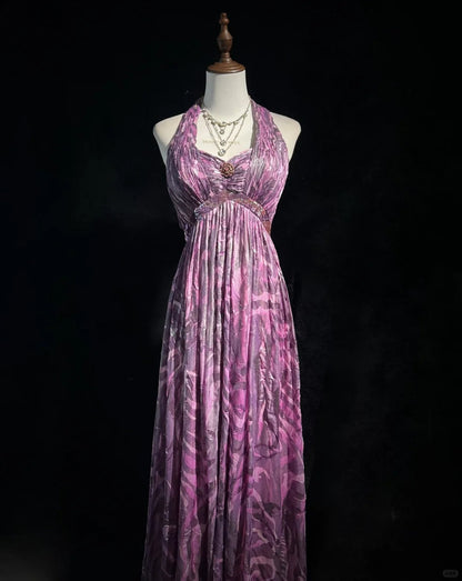 Elegant Halter Pleated Print Backless Prom Dress Evening Dress Party Dress   D2120