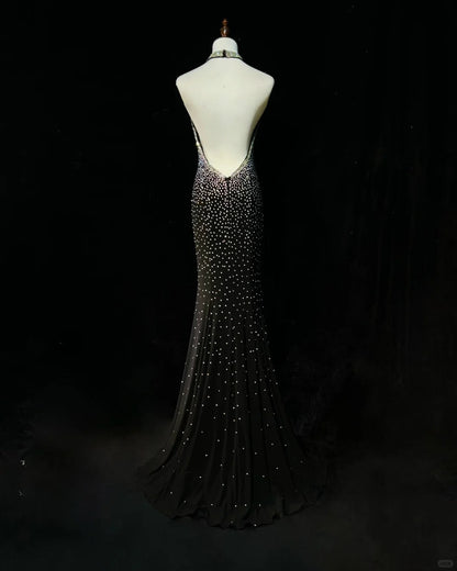 Shiny Halter Rhinestone Pleated  Mermaid Prom Dress Evening Dress Birthday Gala Dress   D2121