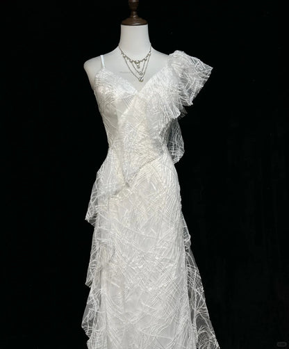 Elegant Asymmetrical Neckline Ruffle Pleated Floor Length Prom Dress Wedding Dress Evening Dress Party Dress   D2123