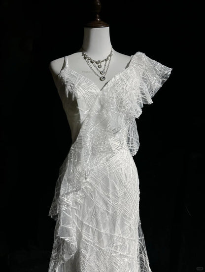 Elegant Asymmetrical Neckline Ruffle Pleated Floor Length Prom Dress Wedding Dress Evening Dress Party Dress   D2123