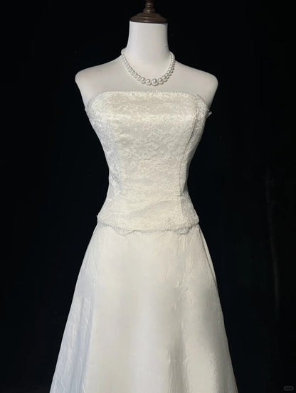 Elegant A Line Strapless Lace Floor Length Prom Dress Wedding Dress Evening Dress Party Dress   D2124