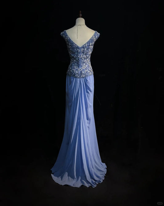 Gergous V-neck Beading Sequins Pleated Floor Length Prom Dress Evening Dress Party Dress   D2125
