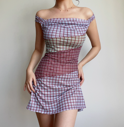 Retro Off the Shoulder Checkered Short Skirt Wommen Teenage Girl Summer Date Dress D2137